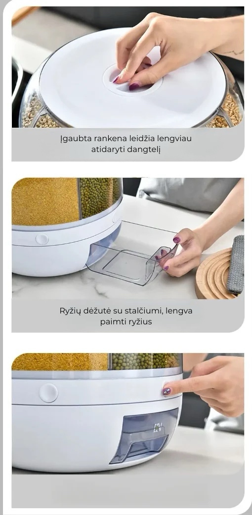 360° Besisukantis grūdų dozatorius – užtikrina tvarkingą ir efektyvų virtuvės išdėstymą
