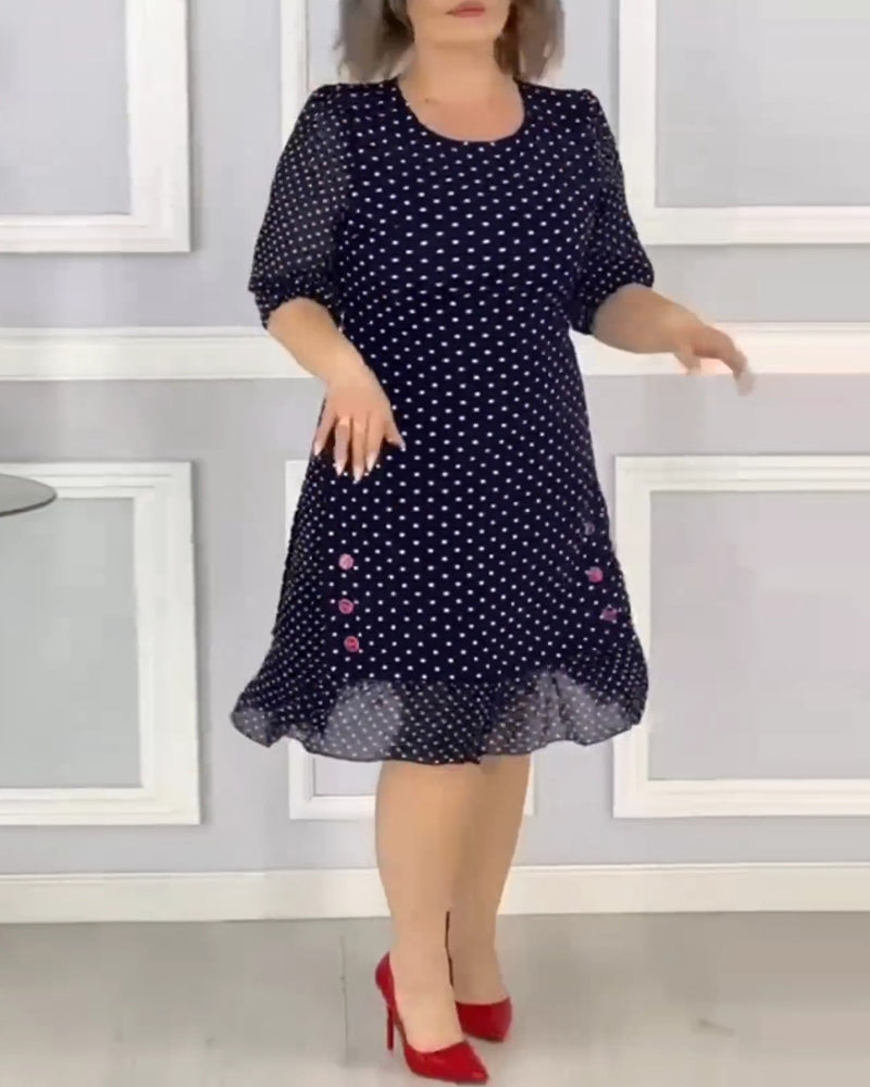 👗Elegantiška pusės rankovių suknelė su taškuotu raštu