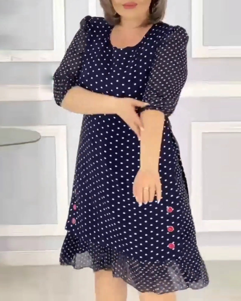 👗Elegantiška pusės rankovių suknelė su taškuotu raštu