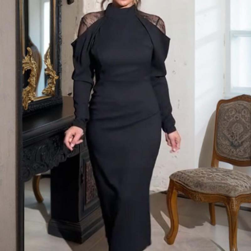 Elegantiška moteriška midi suknelė su nėriniuota nugara ir aukšta apykakle