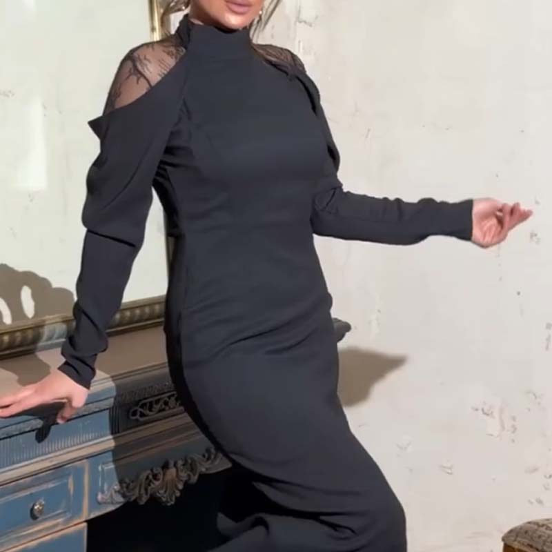 Elegantiška moteriška midi suknelė su nėriniuota nugara ir aukšta apykakle