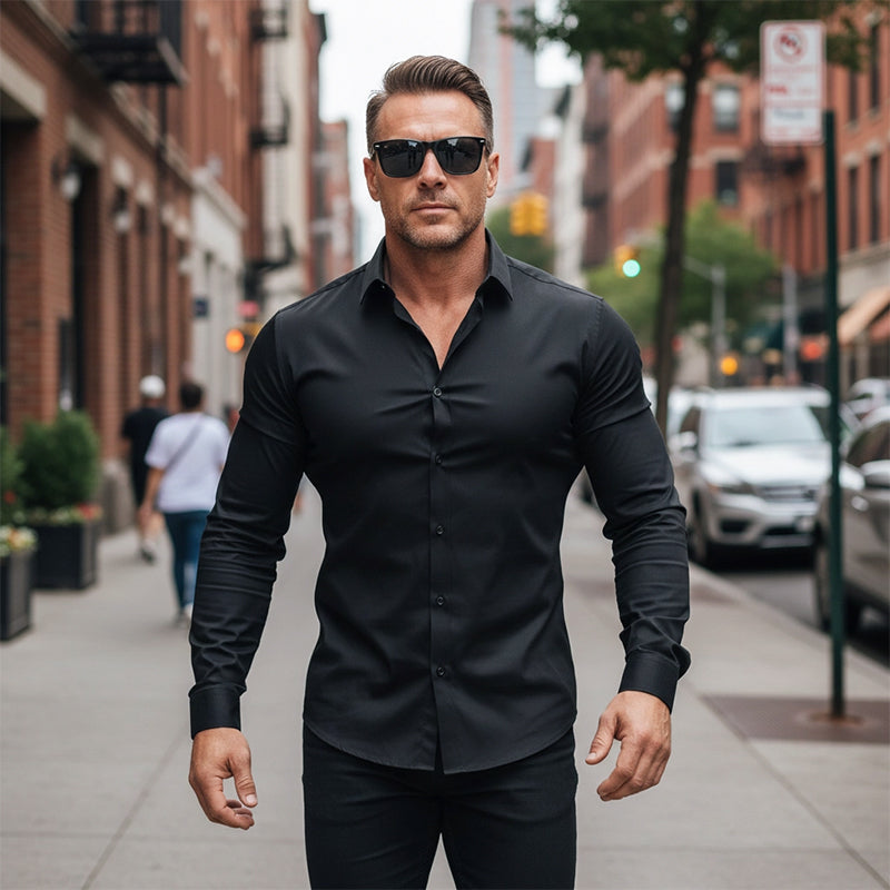 Vyriški ilgarankoviai marškiniai su atlapais ir sagomis, vienspalviai