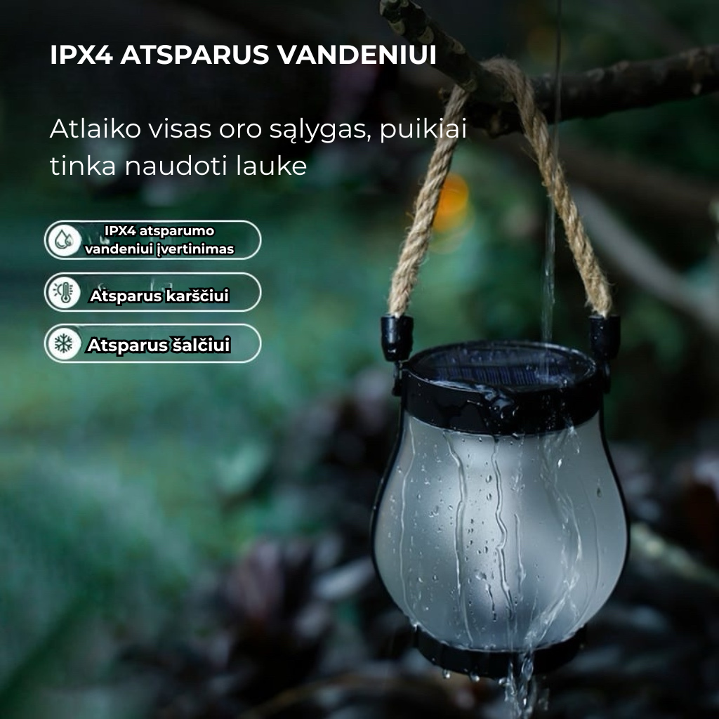 Saulės energija įkraunamos lempos su kanapine virve