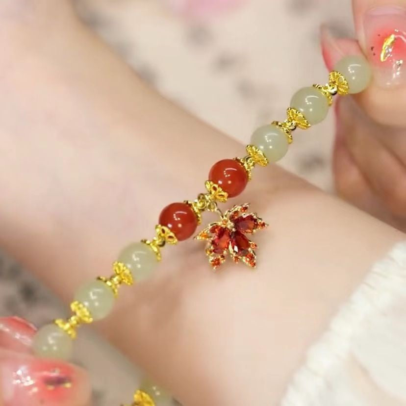 🍃💚 Hetiano žadeito apyrankė su auksine lapelio dekoracija