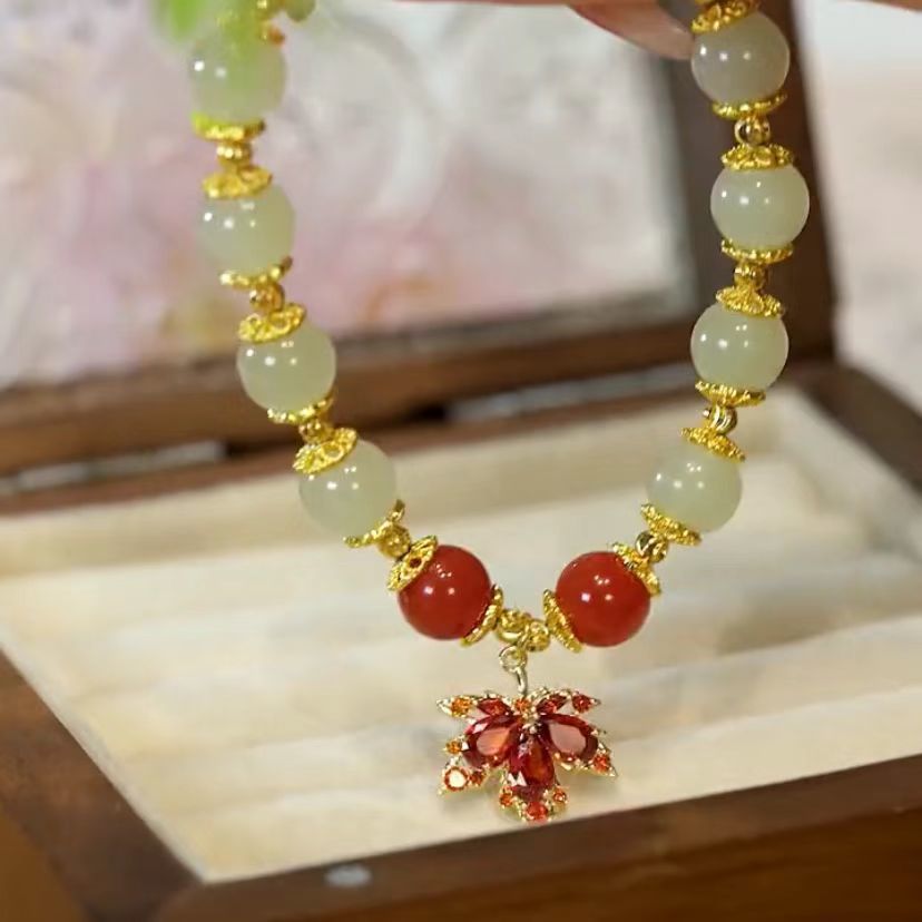 🍃💚 Hetiano žadeito apyrankė su auksine lapelio dekoracija