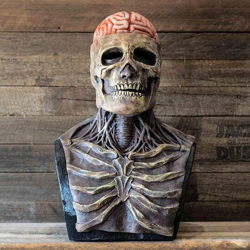 Realistisch Halloween kostuum met schedel en hersenen.