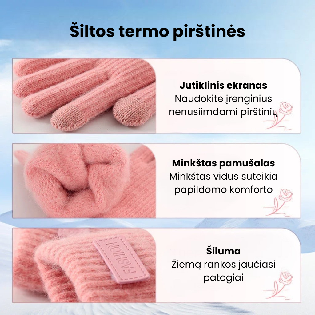 Šiltos, termo megztos lietimui jautrios pirštinės