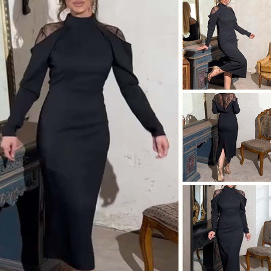 Elegantiška moteriška midi suknelė su nėriniuota nugara ir aukšta apykakle